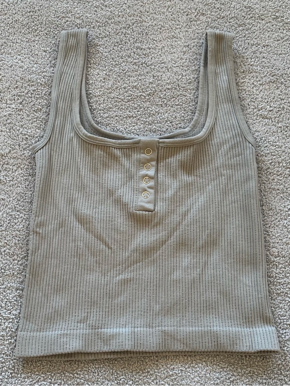 Ribbed Square-Neck Tank with Button Placket in Light Gray